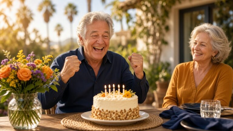 Senior couple celebrating a birthday on a sunny Southern California patio representing the California Medigap Birthday Rule