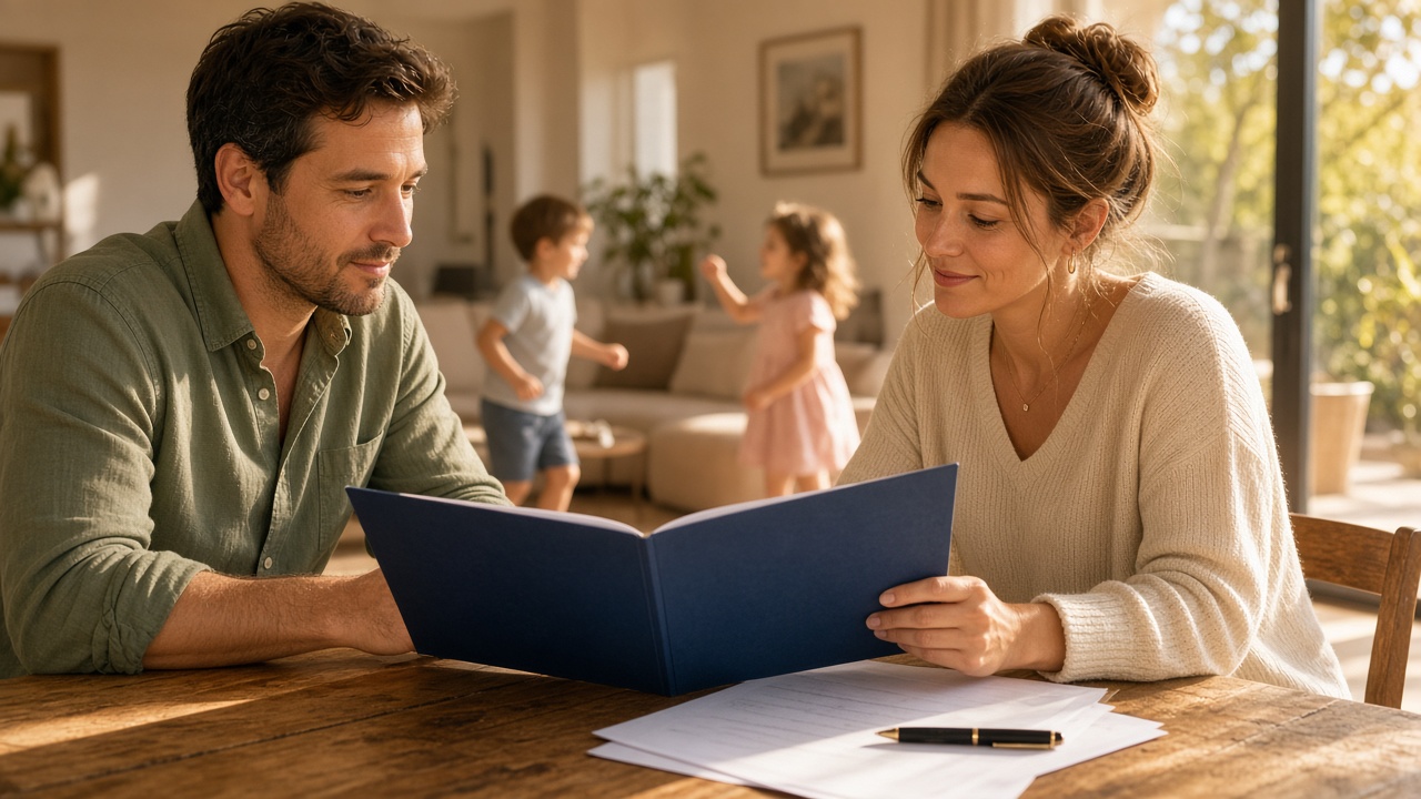 Parents reviewing a family life insurance policy at a sunlit table while their children play in the background