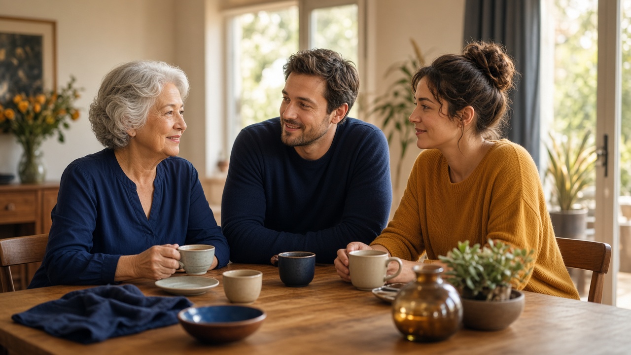Senior mother talking warmly with her adult son and daughter at a sunlit dining room table