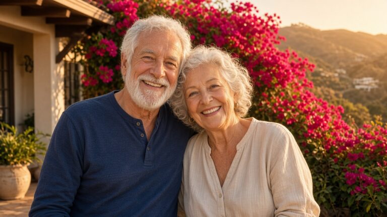 Happy senior couple on a sunlit patio in Riverside County, California