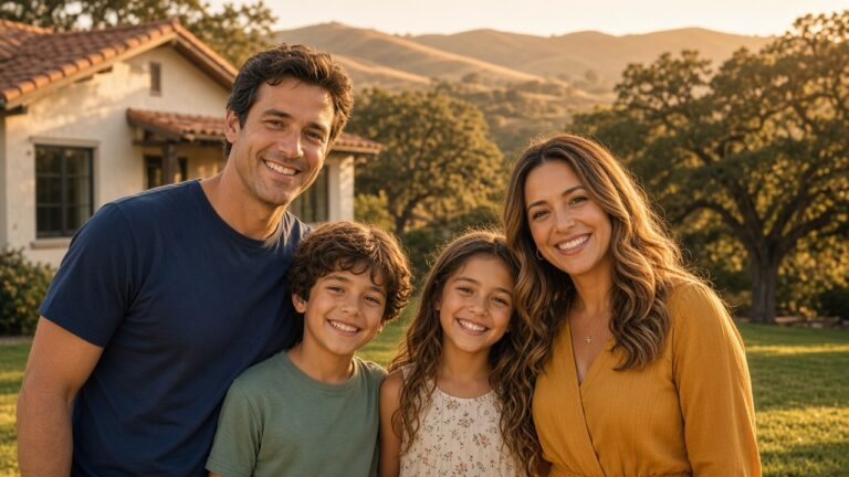 Smiling Temecula family of four standing in front of their Southern California home at golden hour