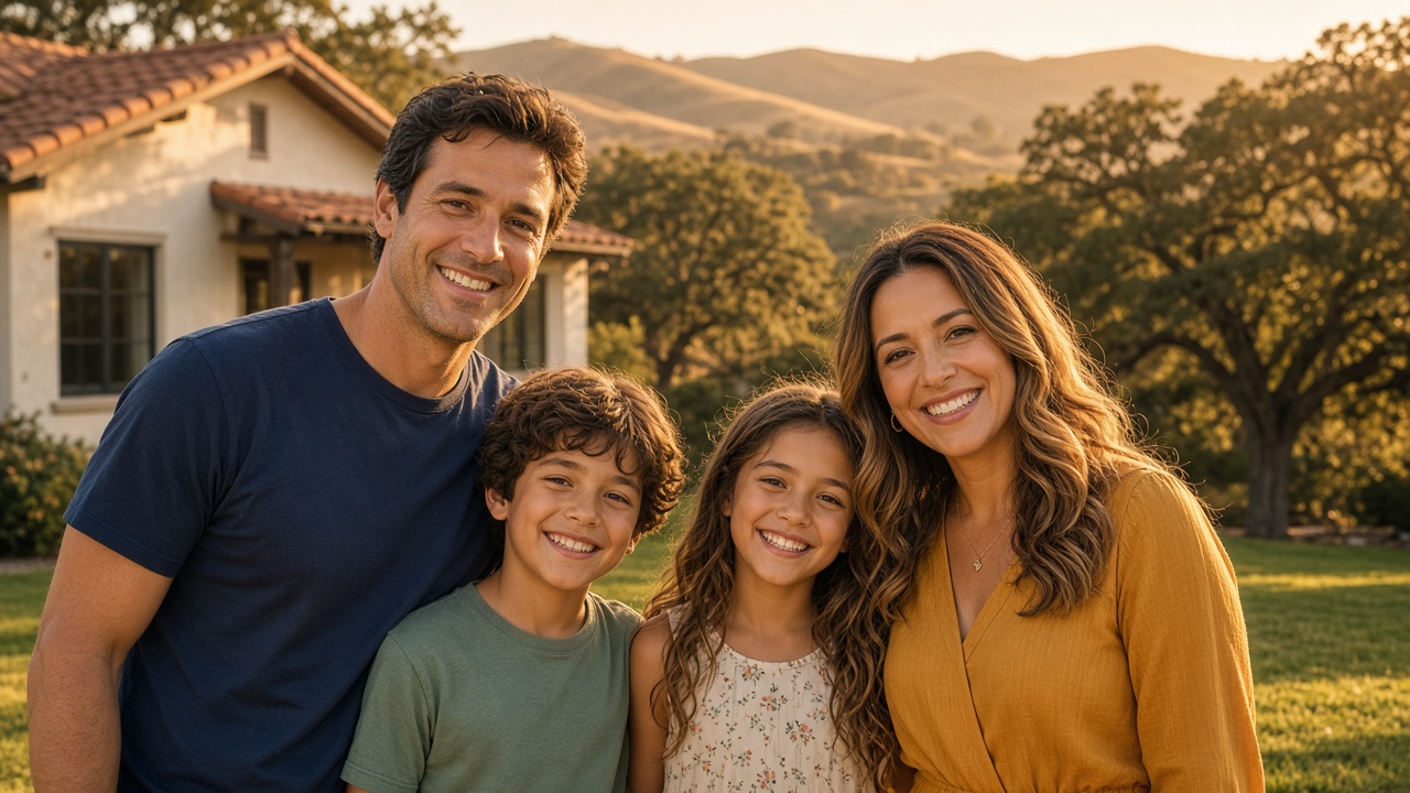 Smiling Temecula family of four standing in front of their Southern California home at golden hour