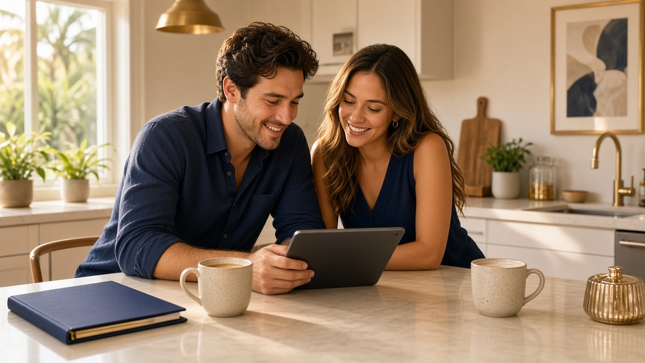 Homeowner couple at their kitchen island reviewing mortgage protection coverage options on a tablet
