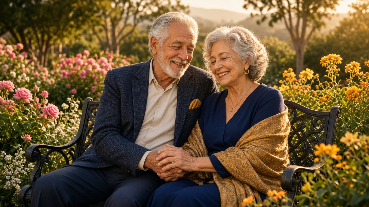 Smiling senior couple sitting together on a sunny garden bench in Riverside County, California