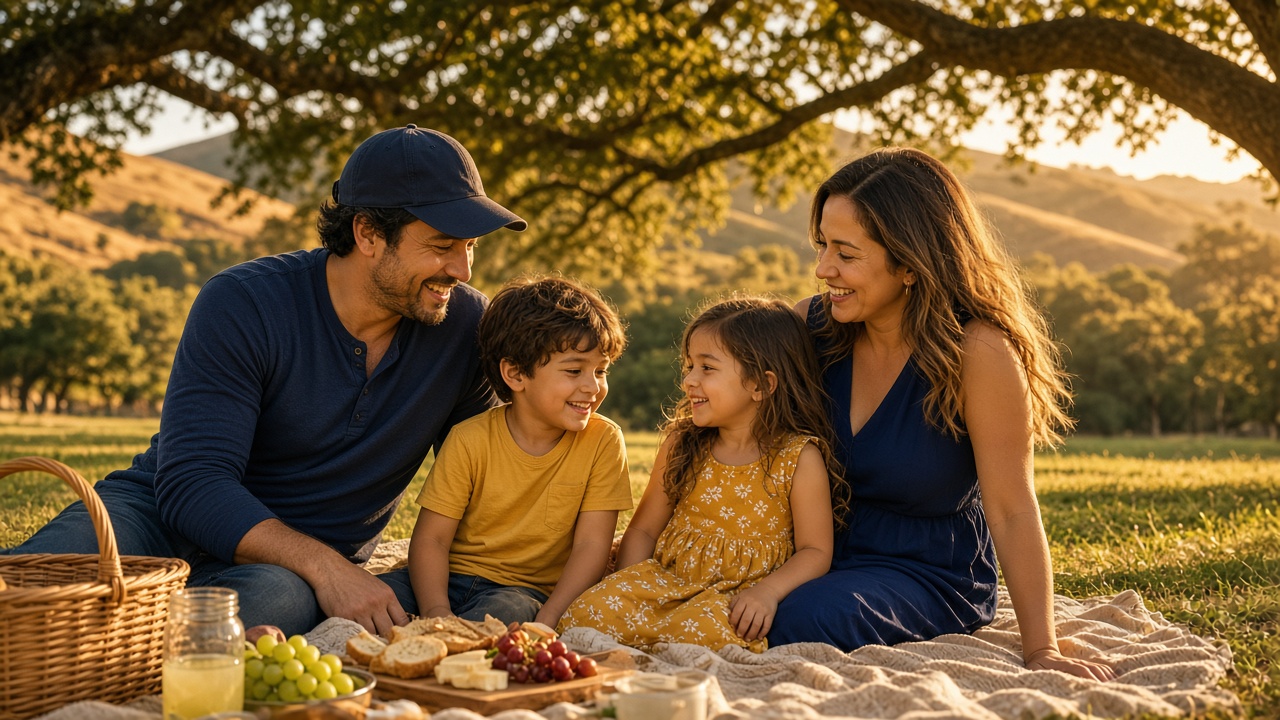 Smiling Southern California family with two children enjoying a sunny picnic under an oak tree in Temecula