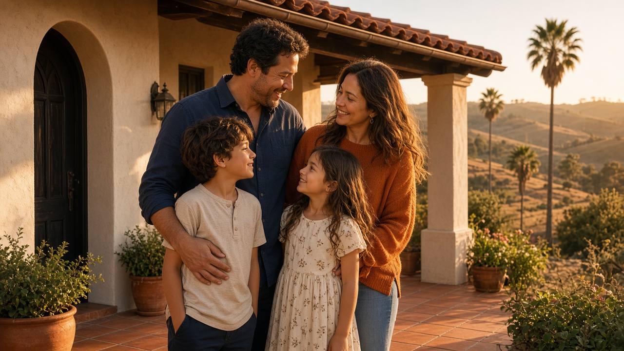 Happy family of four on the front porch of their Spanish-style home in Temecula, California