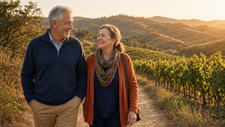 Happy couple turning 65 walking through a sunlit Temecula vineyard in Southern California