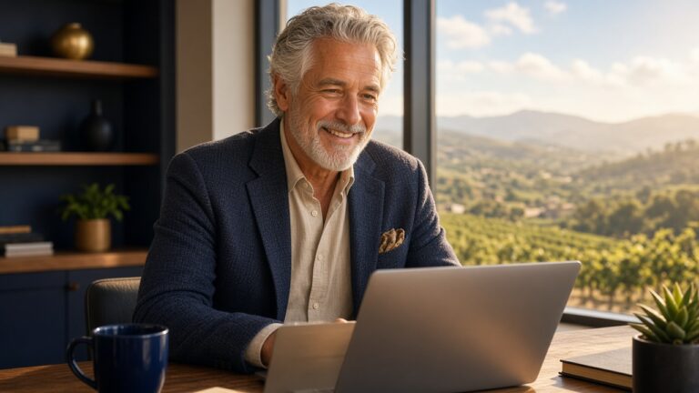 Professional working past age 65 in a sunlit Temecula office reviewing Medicare and employer health coverage